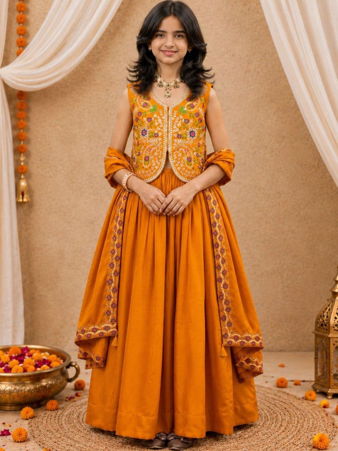 Sangria Embroidered Satin V-Neck Flared Lehenga Choli - view 1