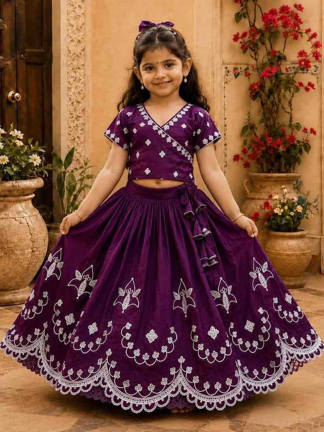 KALINI Girls Embroidered Thread Work Semi-Stitched Lehenga & - view 1