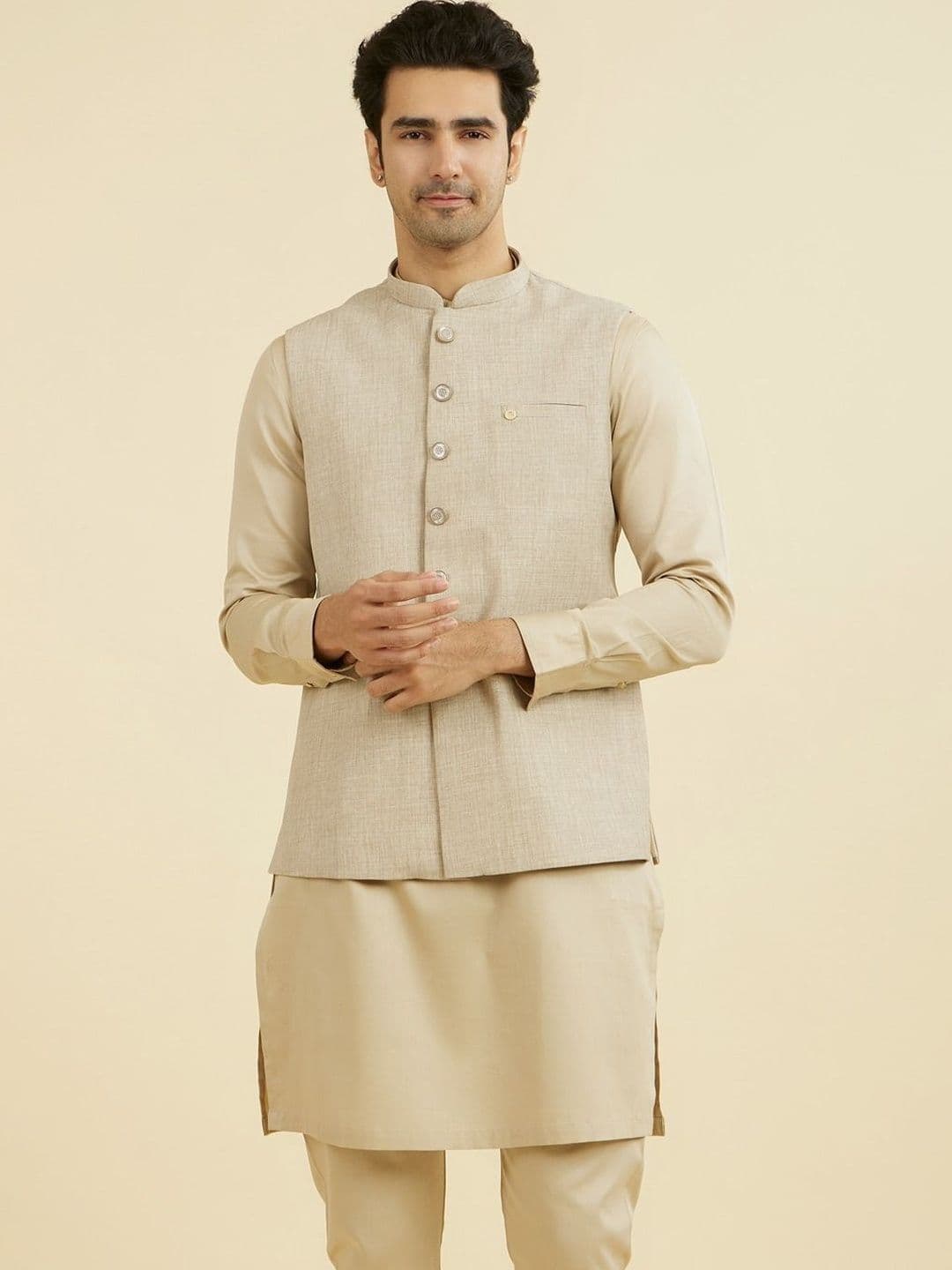 Manyavar Self Design Mandarin Collar Nehru Jackets - view 1