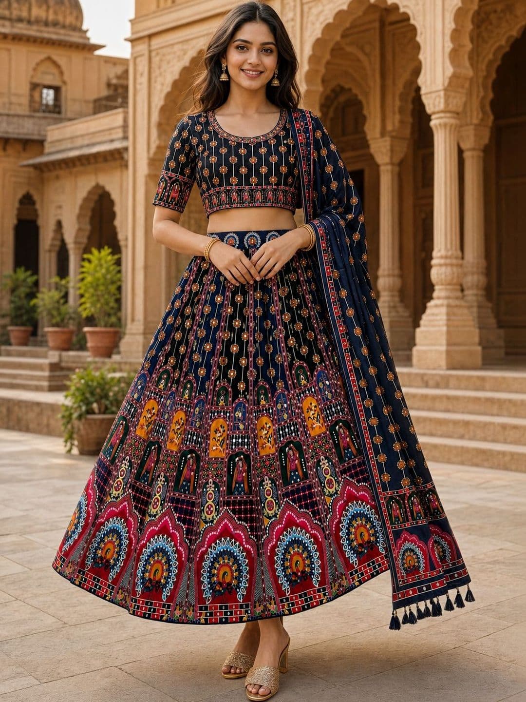 Kaizen TEXO FAB Embellished Mirror Work Batik Ready to Wear Lehenga & Blouse With Dupatta - view 1
