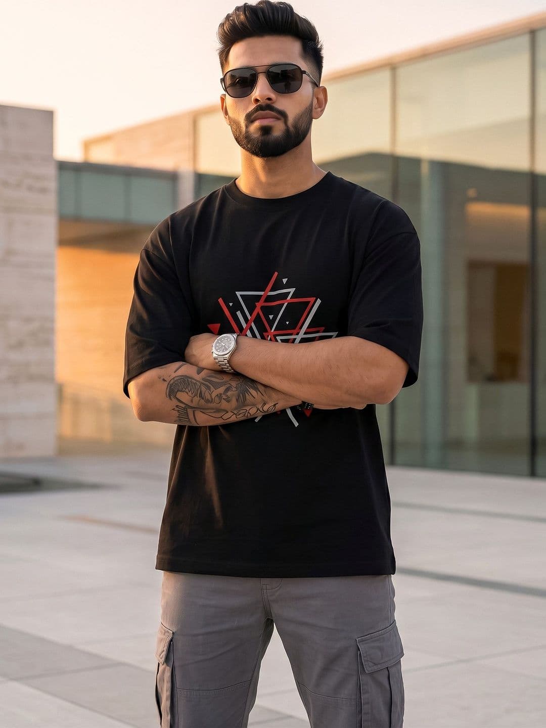 CHUGHZ Black Geometric Graphic Oversized T-shirt - view 1