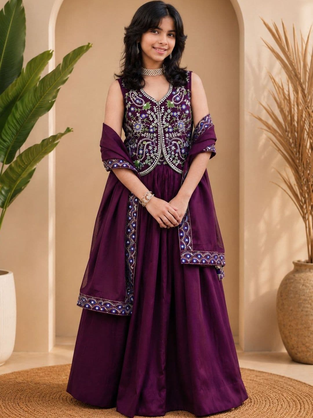 Sangria Embroidered Satin V-Neck Flared Lehenga Choli - view 1
