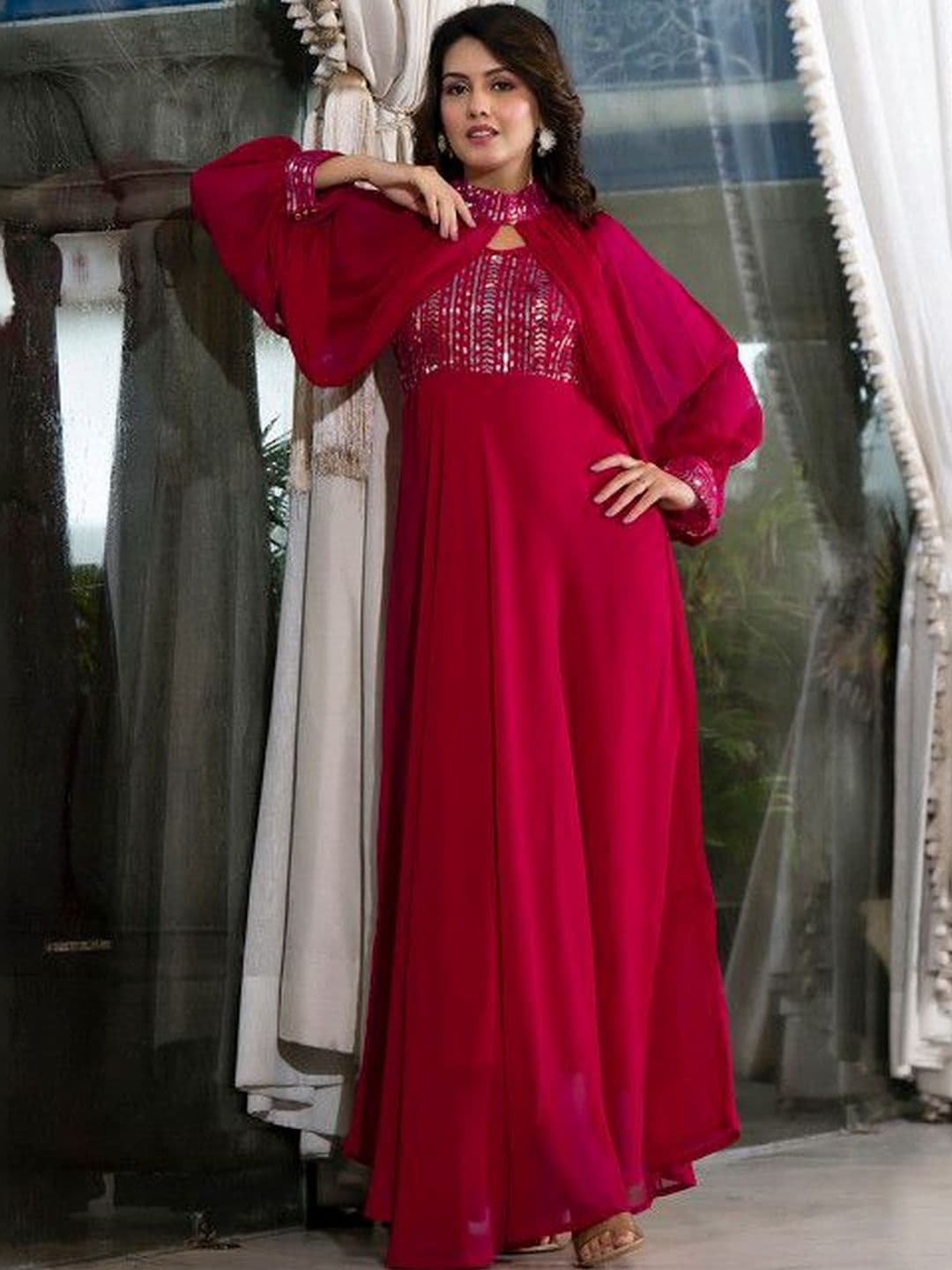 Sangria Embellished Halter Neck Gown Ethnic Dresses - view 1