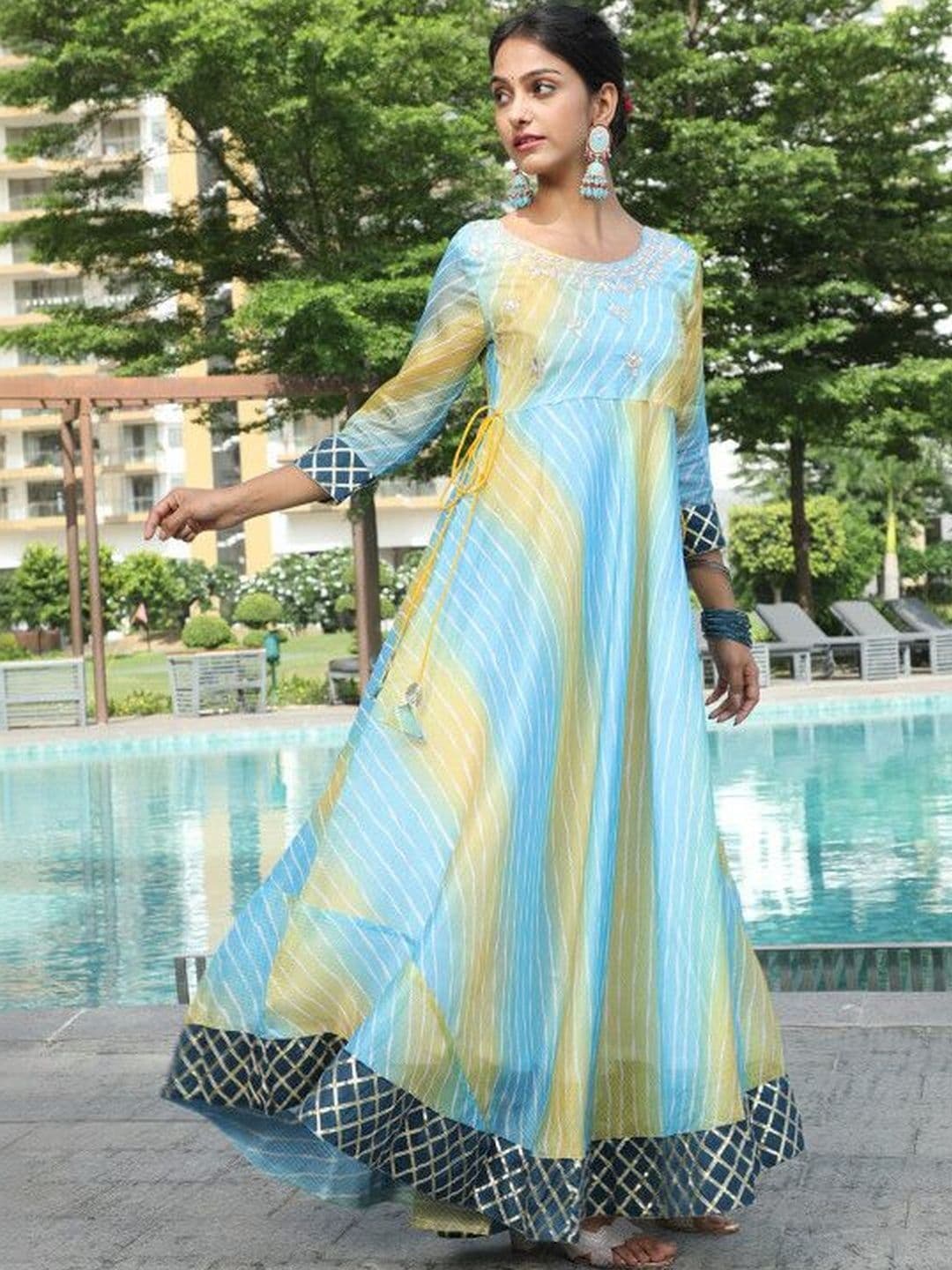 Sangria Printed Round Neck A-Line Ethnic Dresses - view 1