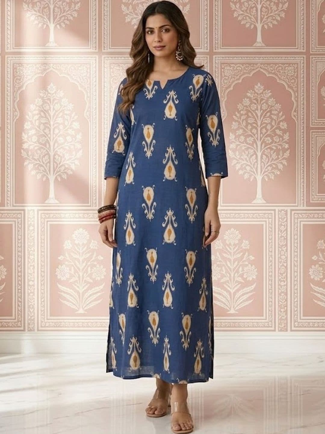 Sangria Printed Cotton V-Neck Calf Length Straight Kurtas - view 1