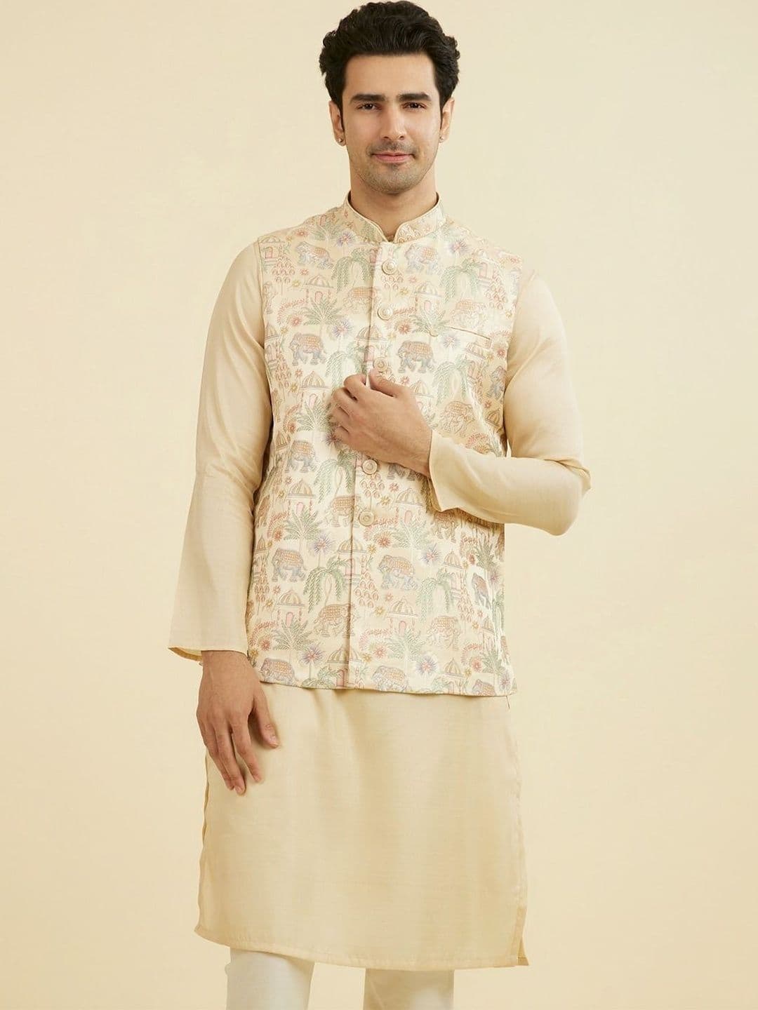 Manyavar Printed Mandarin Collar Nehru Jackets - view 1