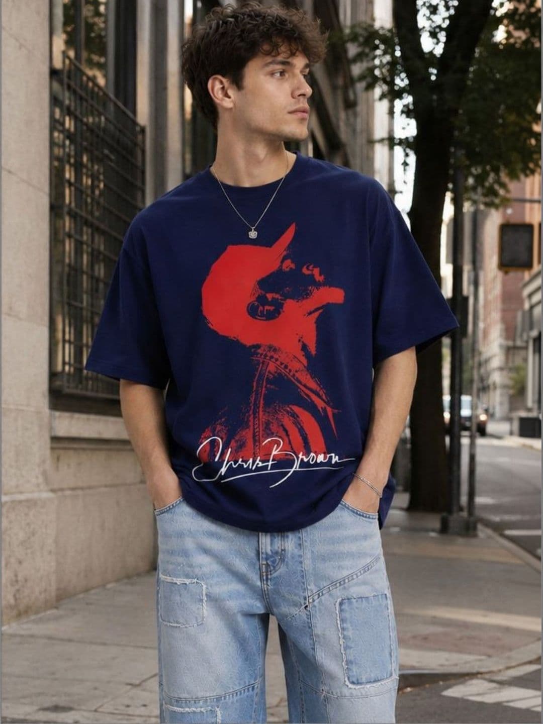 CAPTCHA Graphic Chris Brown Printed Drop-Shoulder Sleeves Pure Cotton Oversized T-shirt - view 1