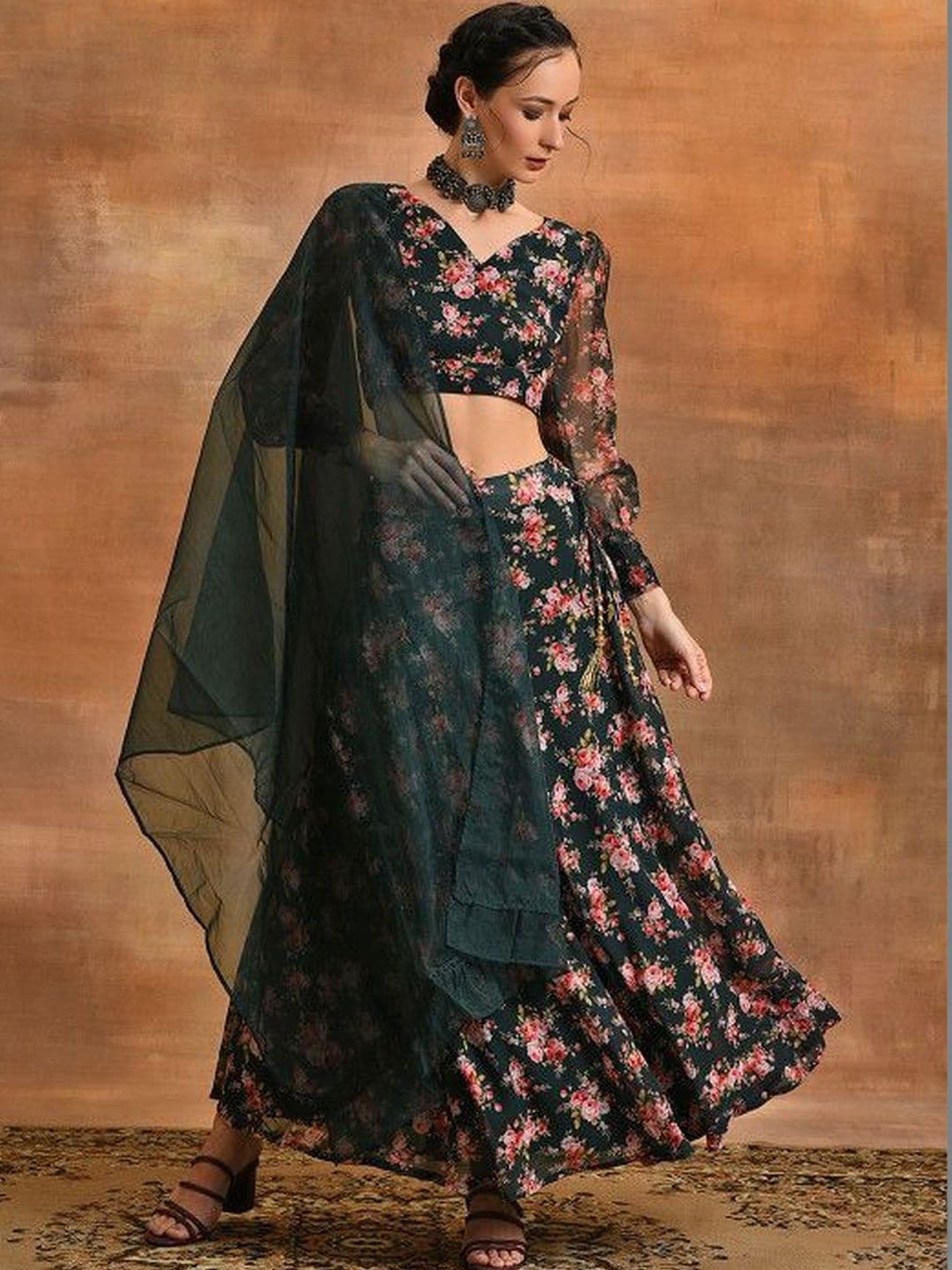 Sangria Floral V-Neck Flared Lehenga Choli - view 1