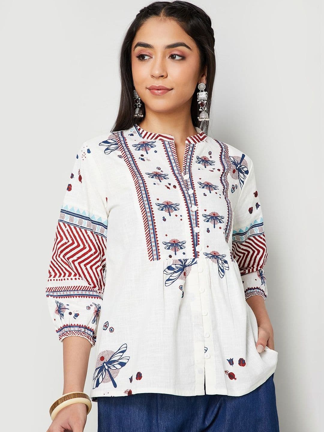 Colour Me by Melange Print Mandarin Collar Cotton Top - view 1