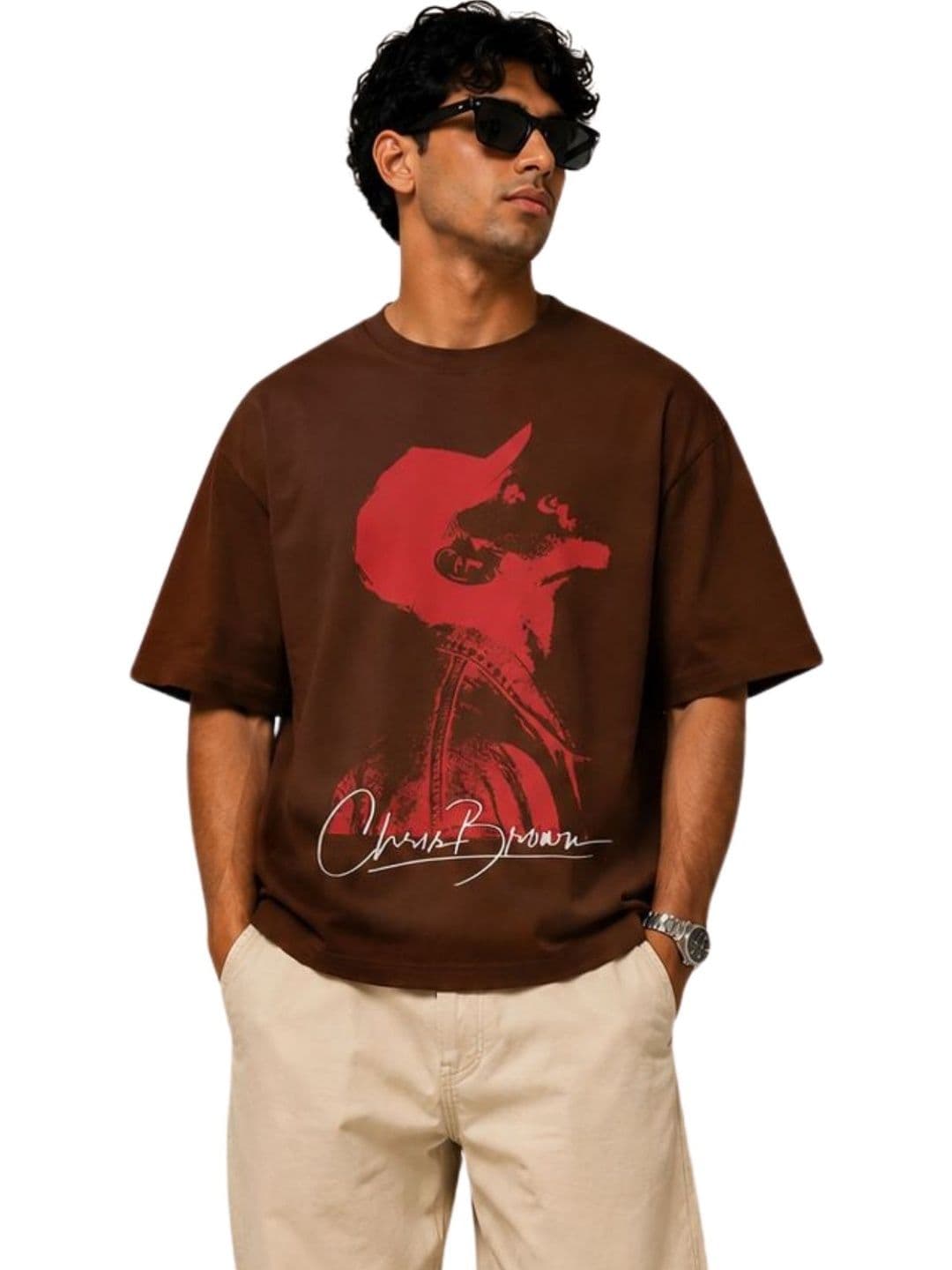 CAPTCHA Graphic Chris Brown Printed Drop-Shoulder Sleeves Pure Cotton Oversized T-shirt - view 1
