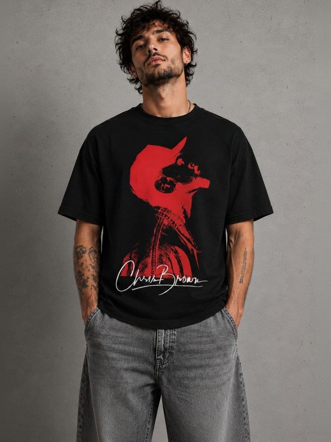 CAPTCHA Graphic Chris Brown Printed Drop-Shoulder Sleeves Pure Cotton Oversized T-shirt - view 1