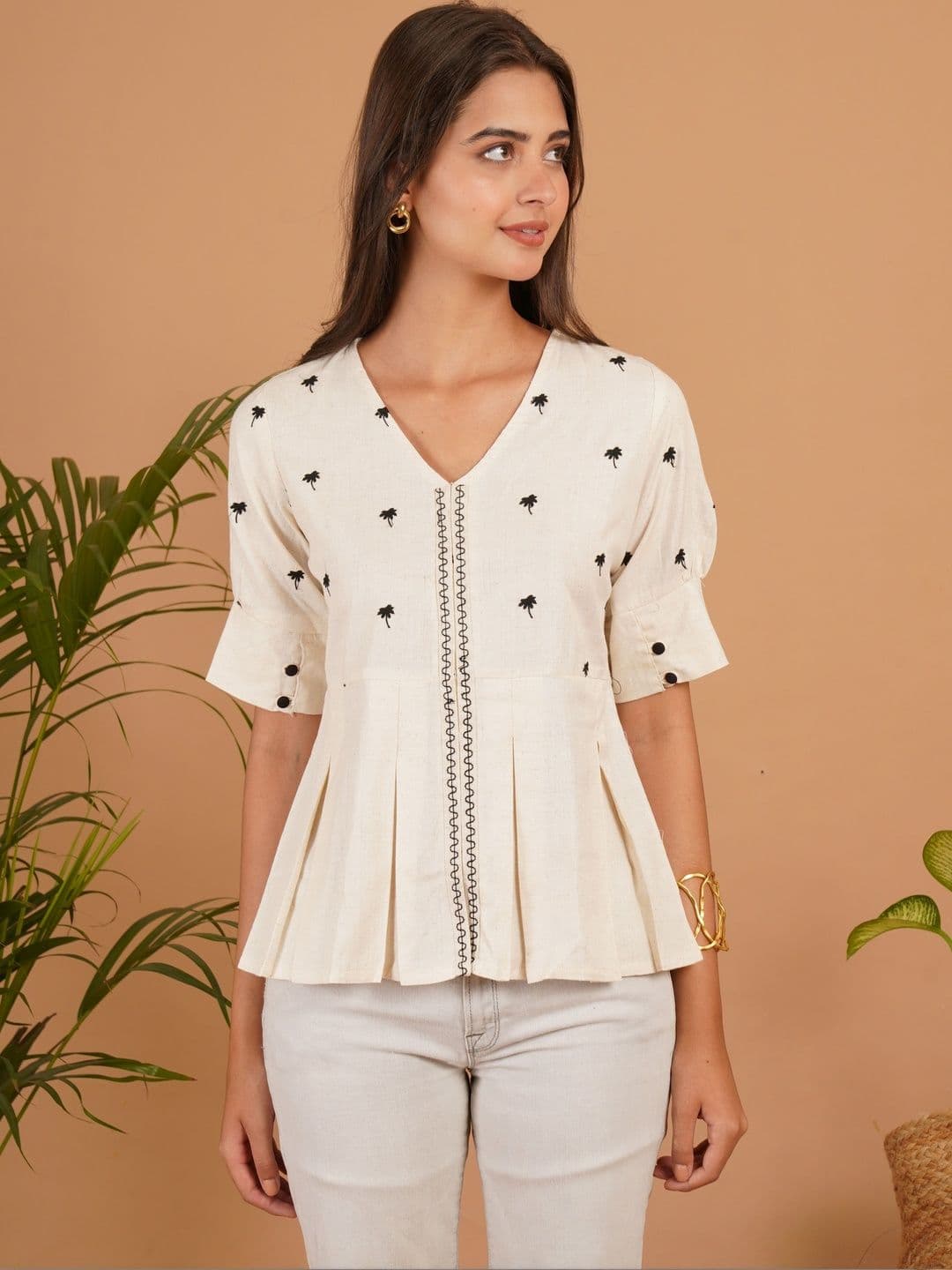 Sangria Botanical Printed V-Neck Pure Cotton Blend Panelled Kurti - view 1
