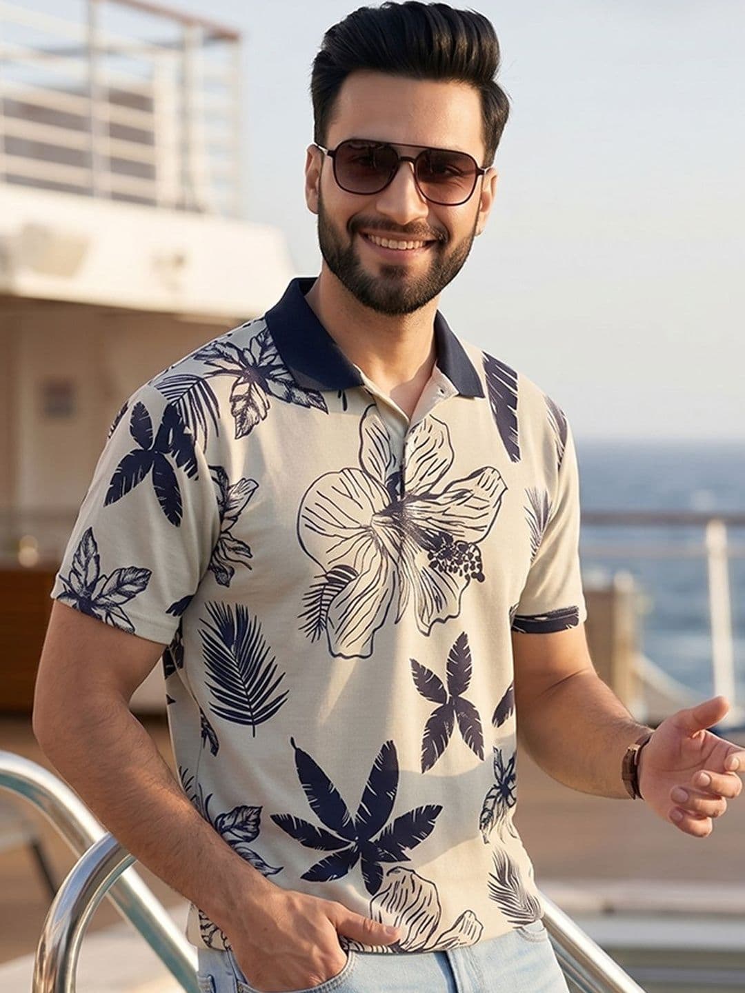 Mast & Harbour Men Floral Printed Polo Collar Tropical T-shirt - view 1