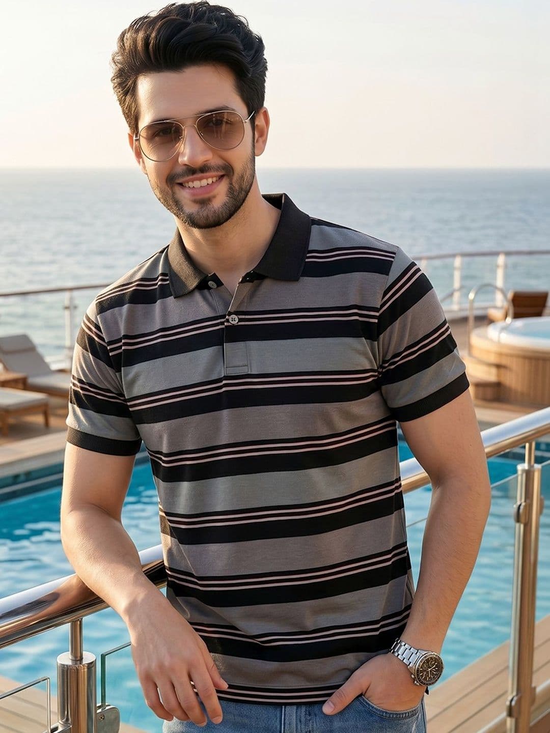 Mast & Harbour Striped Polo Collar Short Sleeves T-shirt - view 1