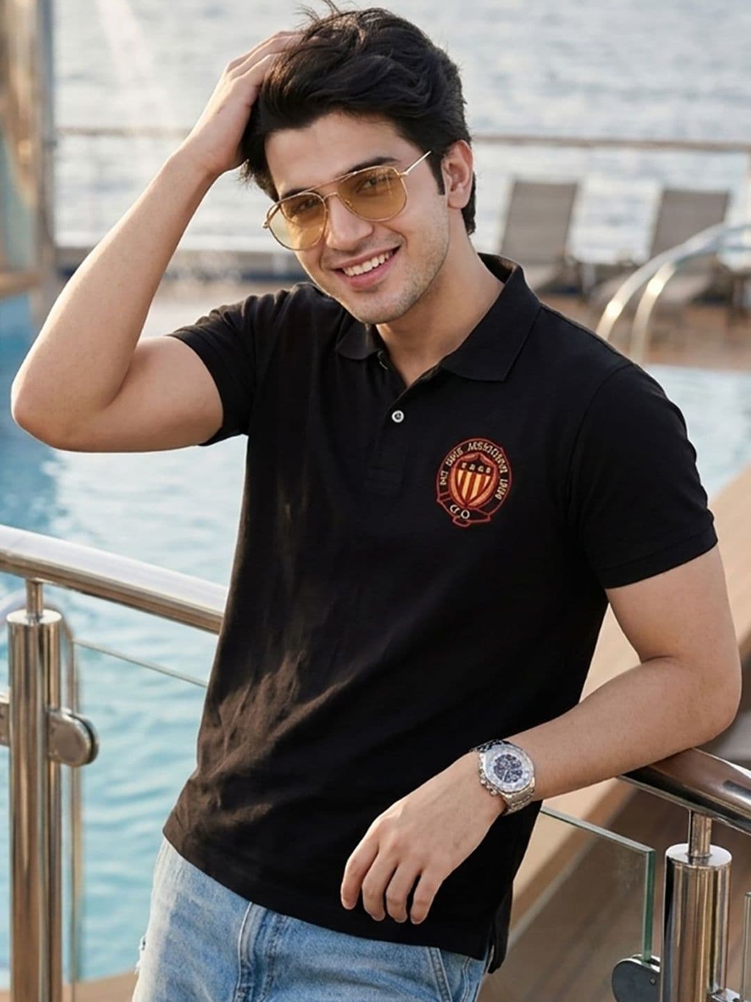 Mast & Harbour Typography Embroidered Polo Collar Short Sleeves Regular Fit T-shirt - view 1
