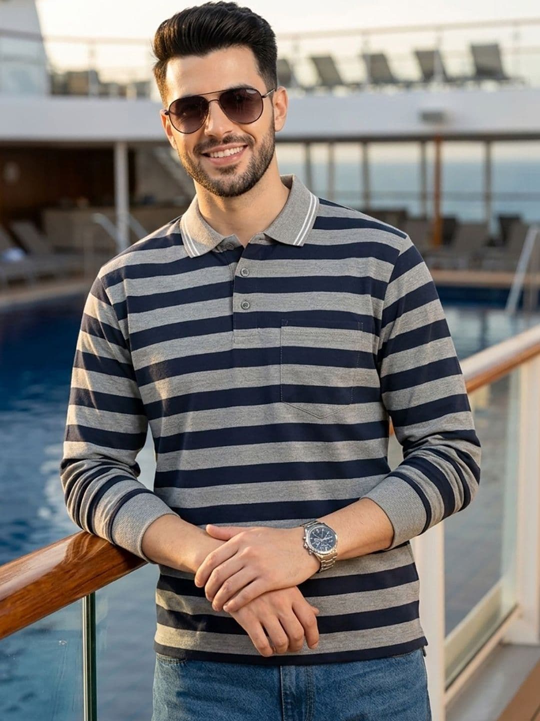 Kook N Keech Men Striped Polo Collar Pockets T-shirt - view 1