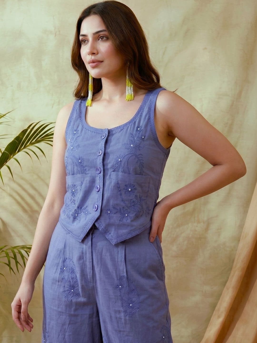 Sangria Indigo Cotton Embroidered Top with Trousers - view 1
