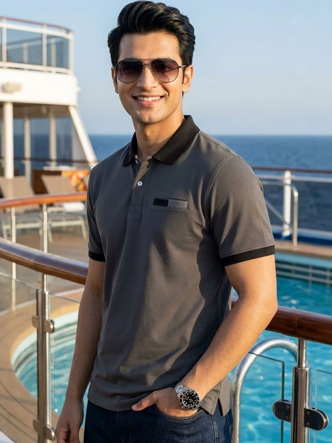 Mast & Harbour Men Colourblocked Polo Collar Pockets T-shirt - view 1