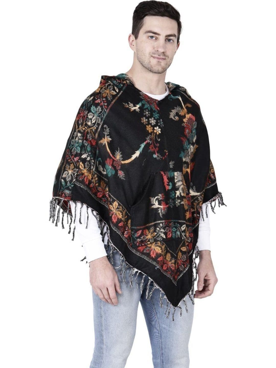 ARUNA KULLU HANDLOOM Men Printed Hood Pure Wool Poncho Sweaters - view 1
