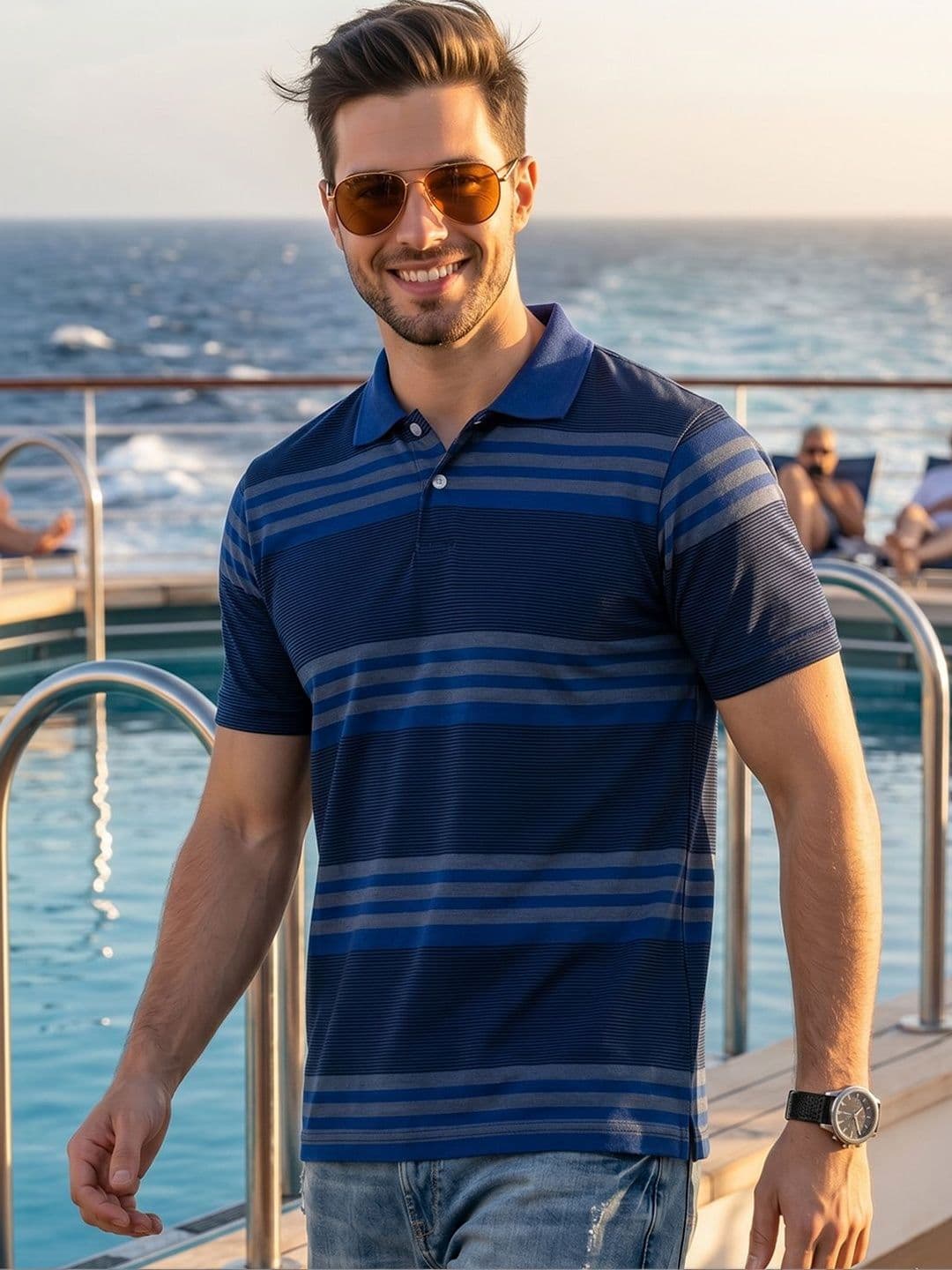 Mast & Harbour Men Striped Polo Collar T-shirt - view 1