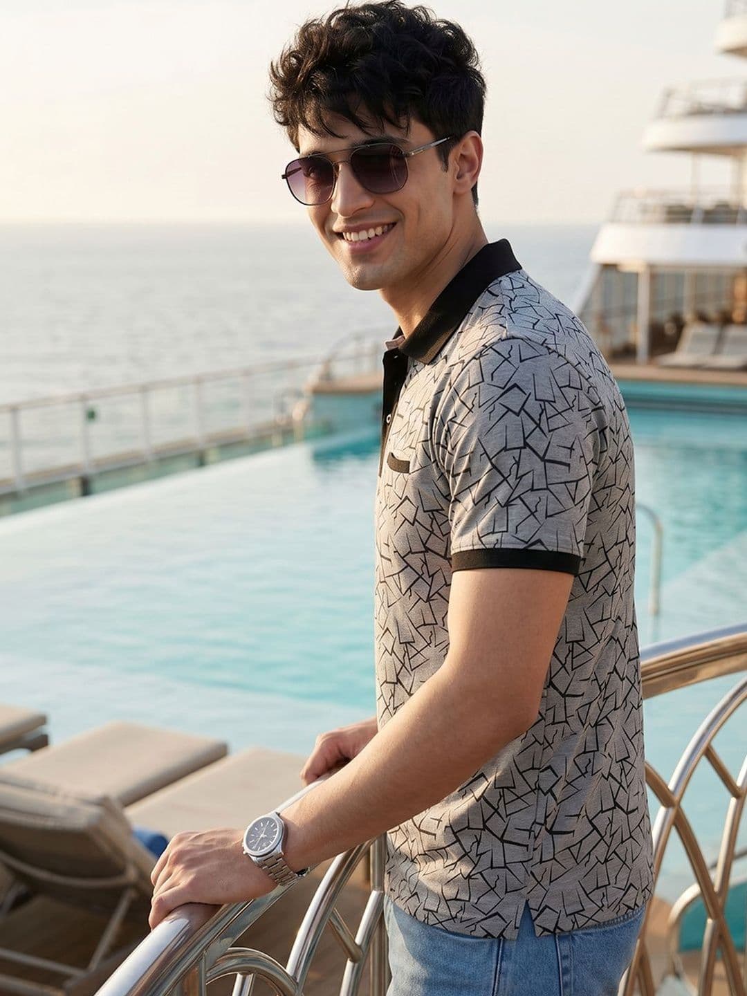 Mast & Harbour Geometric Printed Polo Collar Short Sleeves T-shirt - view 1