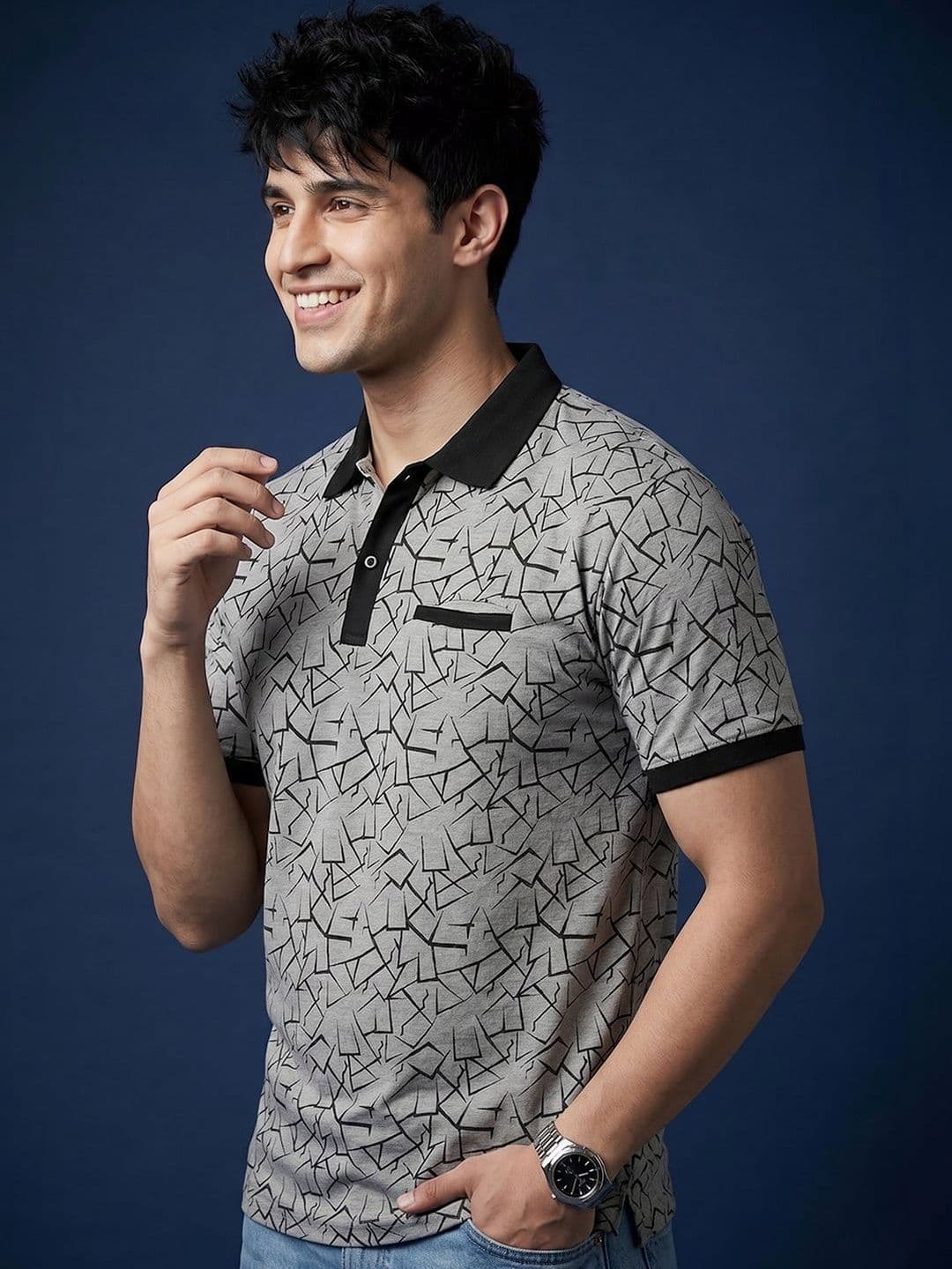 Mast & Harbour Geometric Printed Polo Collar Pockets T-shirt - view 1