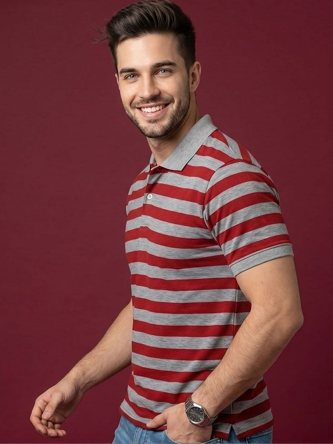 Mast & Harbour Men Striped Polo Collar T-shirt - view 1