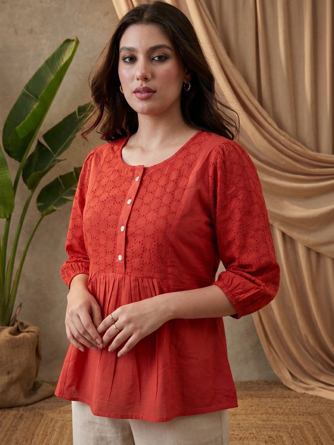 Sangria Ethnic Motifs Pure Cotton Round Neck A-Line Short Kurtis - view 1