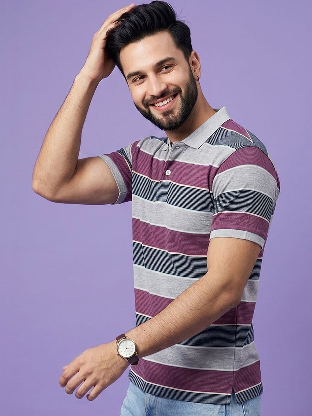 Mast & Harbour Men Striped Polo Collar T-shirt - view 1