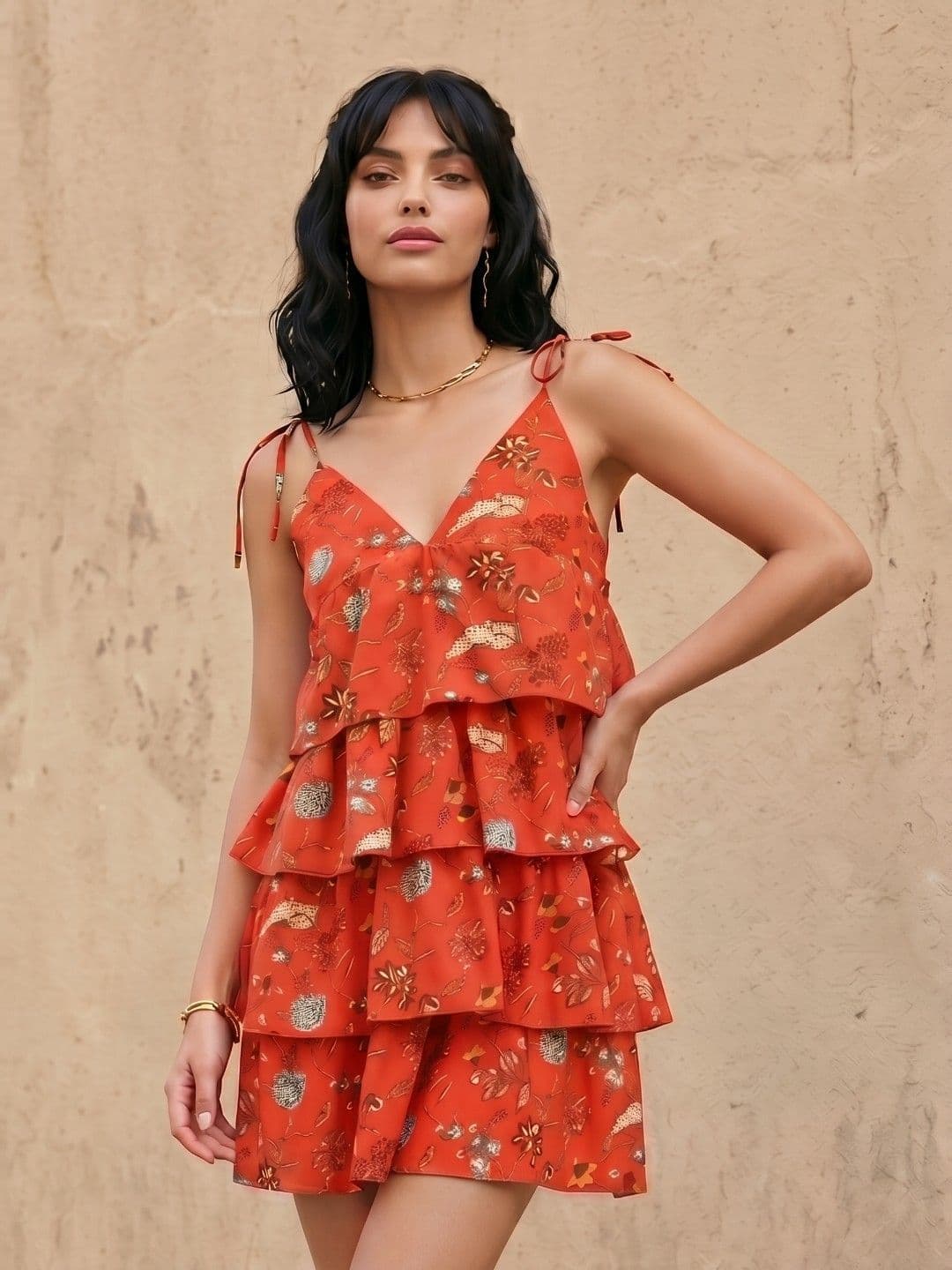fusion by glitchez Floral Printed V-Neck Tie-Ups Layered A-Line Dress - view 1