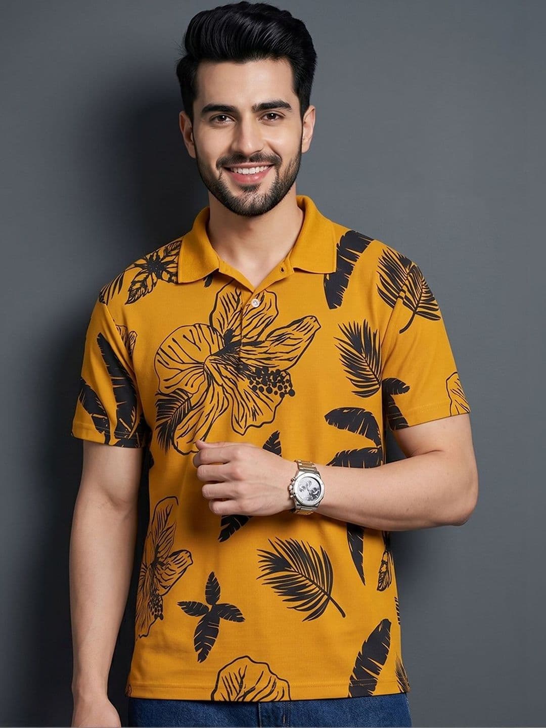 Kook N Keech Men Floral Printed Polo Collar Tropical T-shirt - view 1