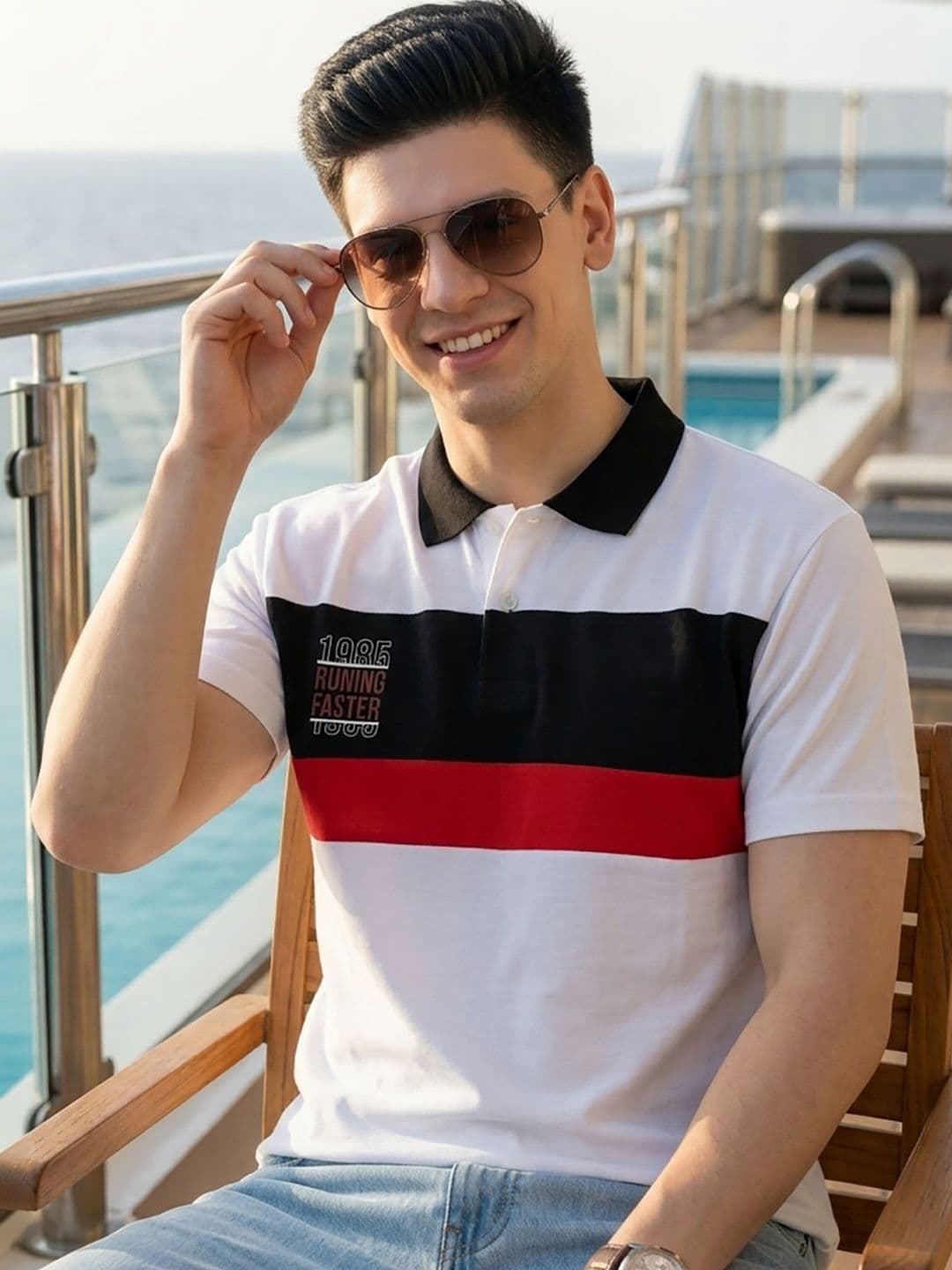 Mast & Harbour Men Typography Colourblocked Polo Collar T-shirt - view 1