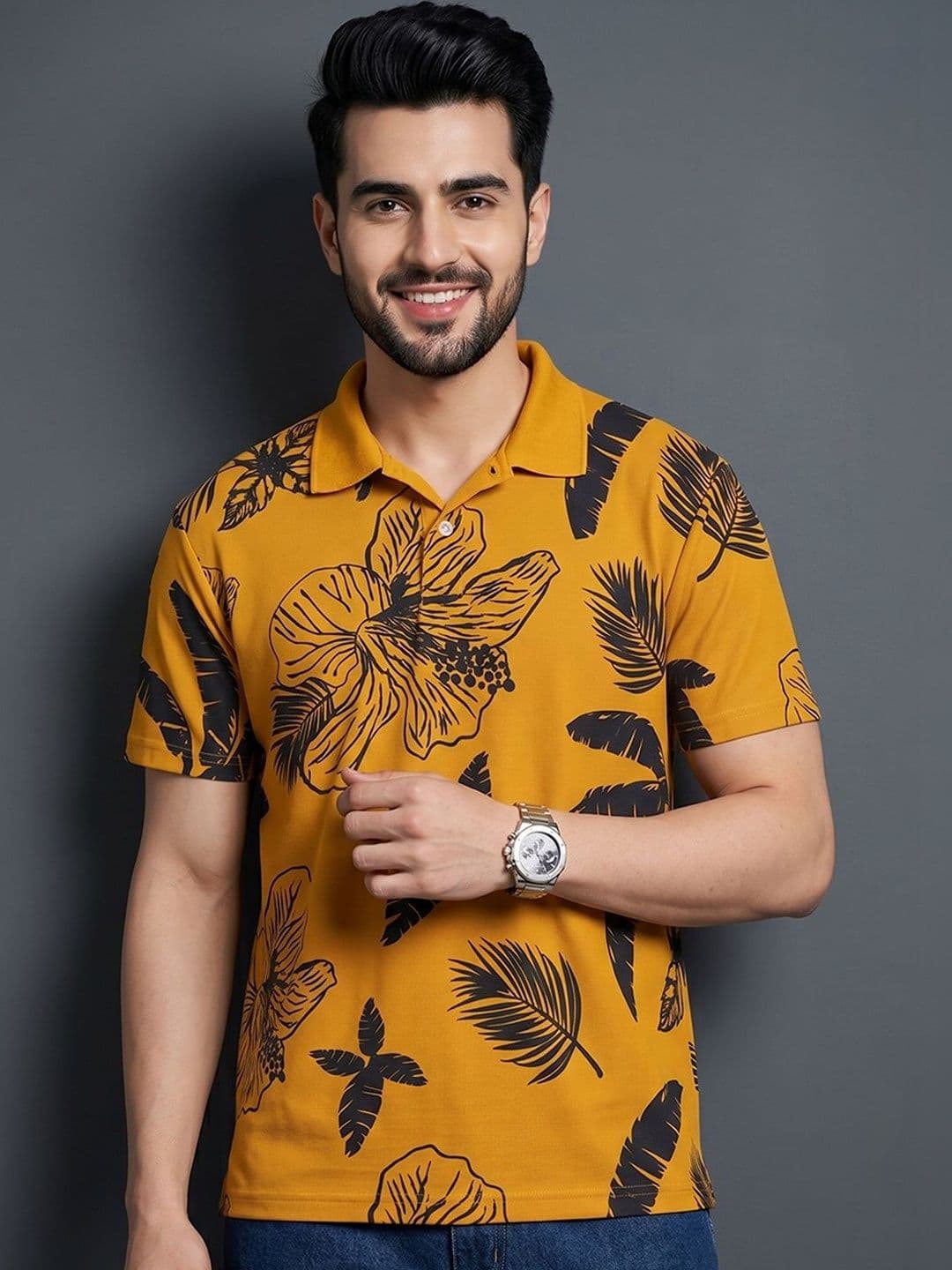 Mast & Harbour Men Floral Printed Polo Collar Tropical T-shirt - view 1