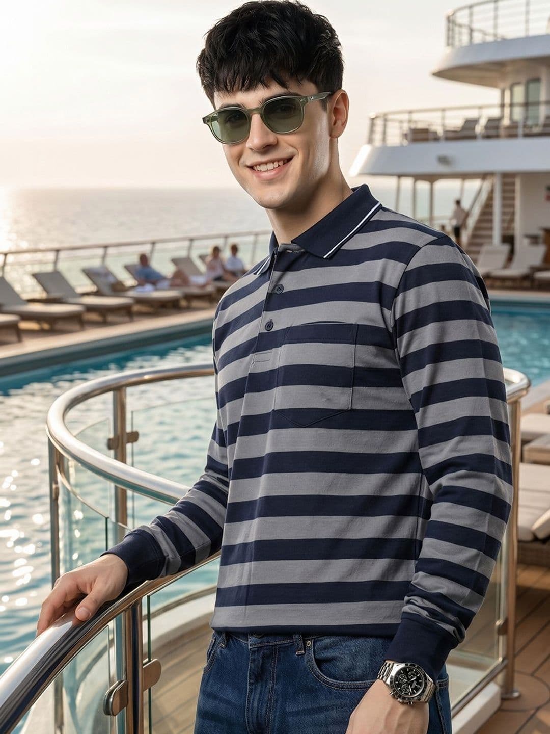 Mast & Harbour Striped Polo Collar Short Sleeves T-shirt - view 1