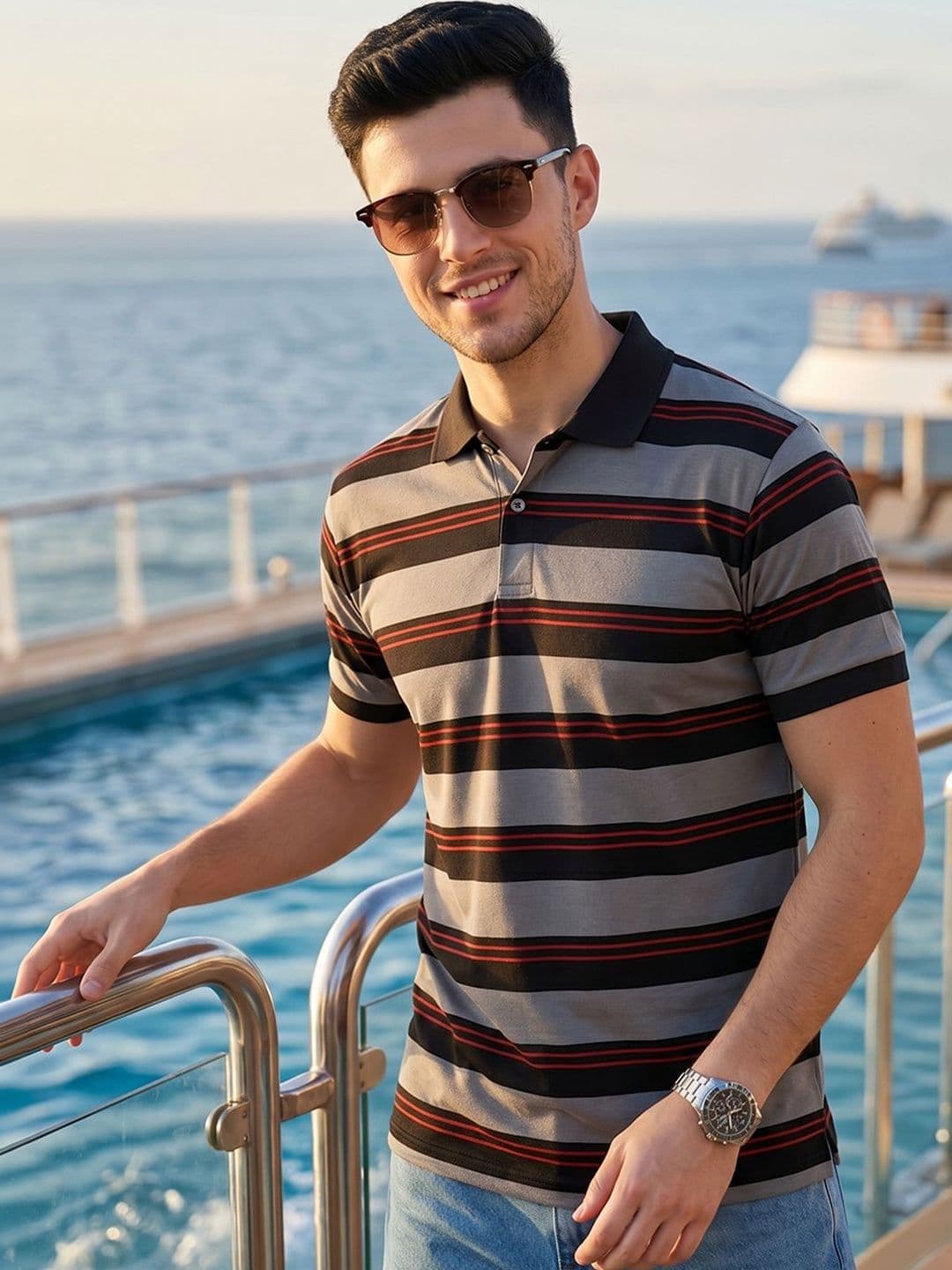 Mast & Harbour Striped Polo Collar T-shirt - view 1