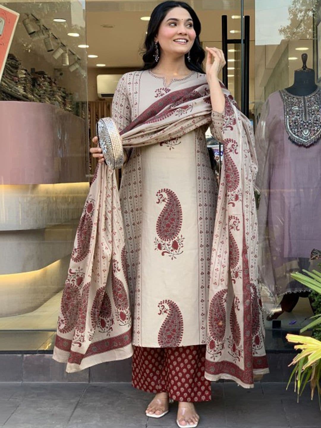 SAANVRA Women Paisley Printed Regular Pure Cotton Kurta with Palazzos & With Dupatta - view 1