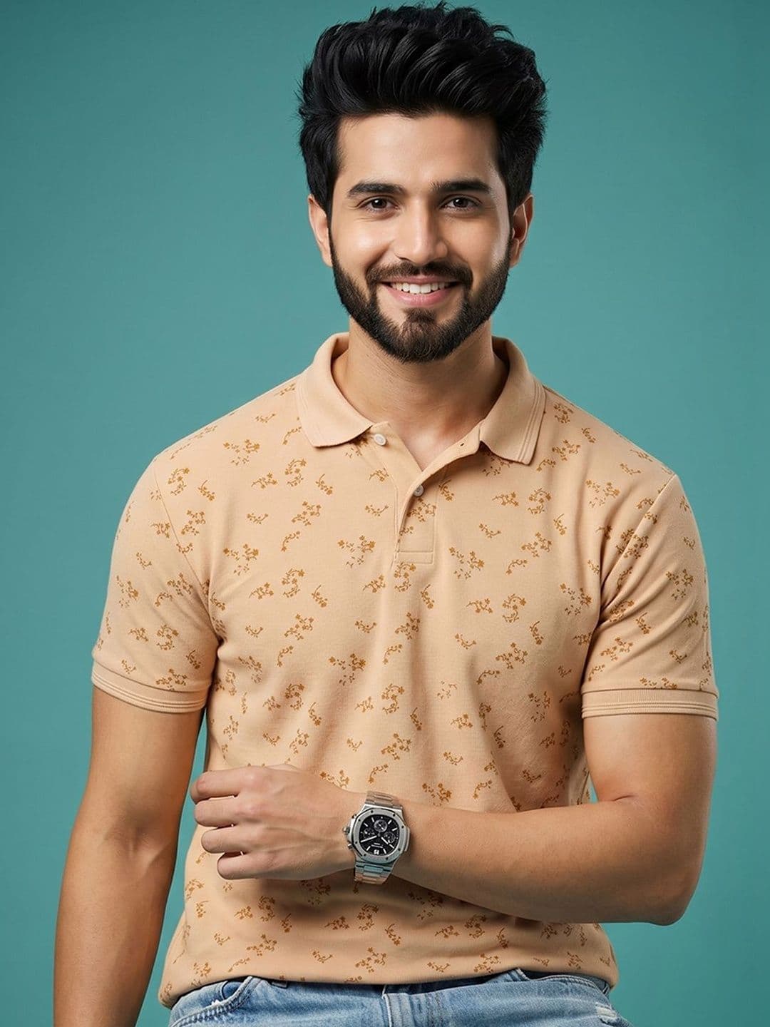 Mast & Harbour Floral Printed Polo Collar Short Sleeves T-shirt - view 1