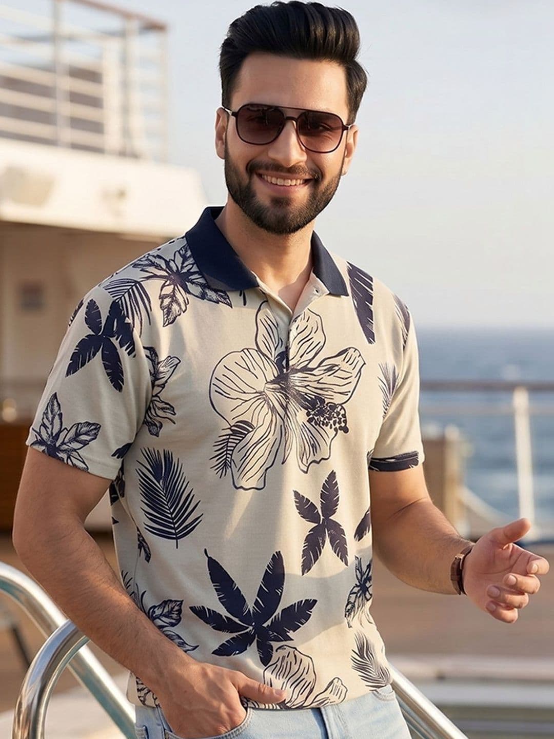 Kook N Keech Floral Printed Polo Collar T-shirt - view 1
