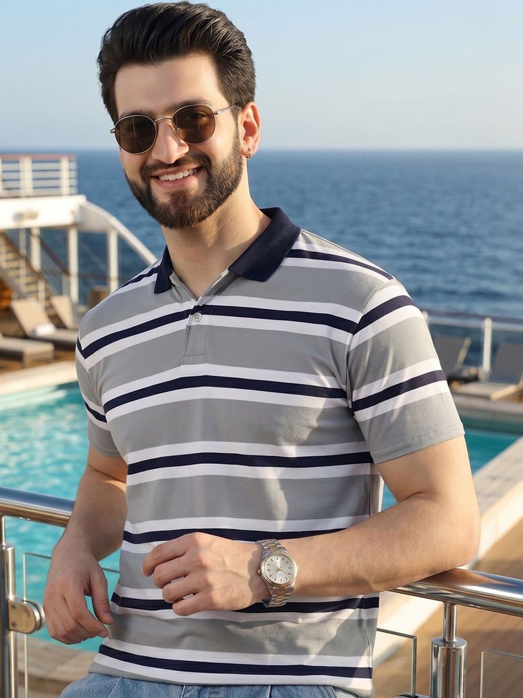 Mast & Harbour Men Striped Polo Collar T-shirt - view 1