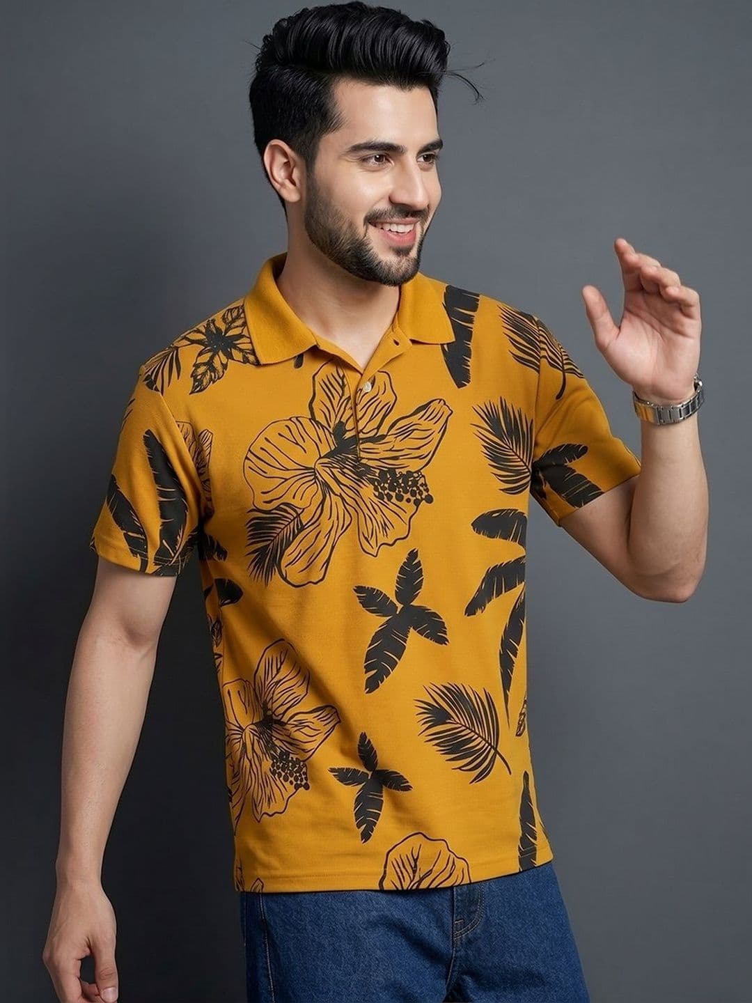 Mast & Harbour Floral Printed Polo Collar Short Sleeves T-shirt - view 1