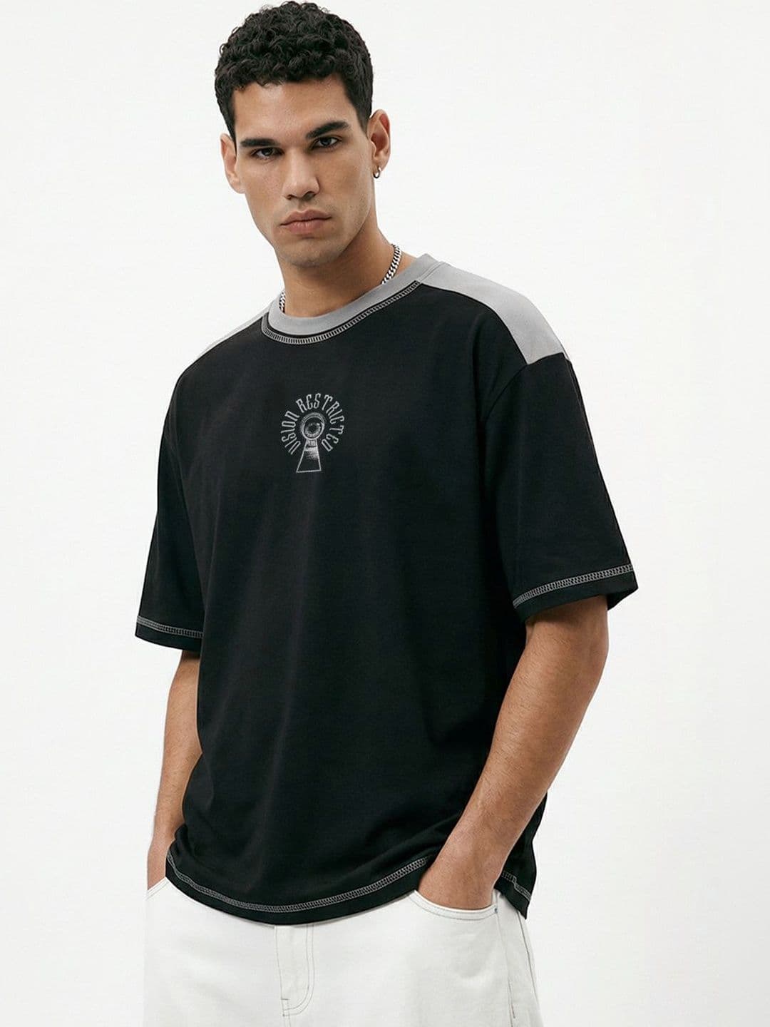 Crazymonk Men Vision Restricted Black L.T.Grey Drop-Shoulder Sleeves Oversized Fit T-shirt - view 1