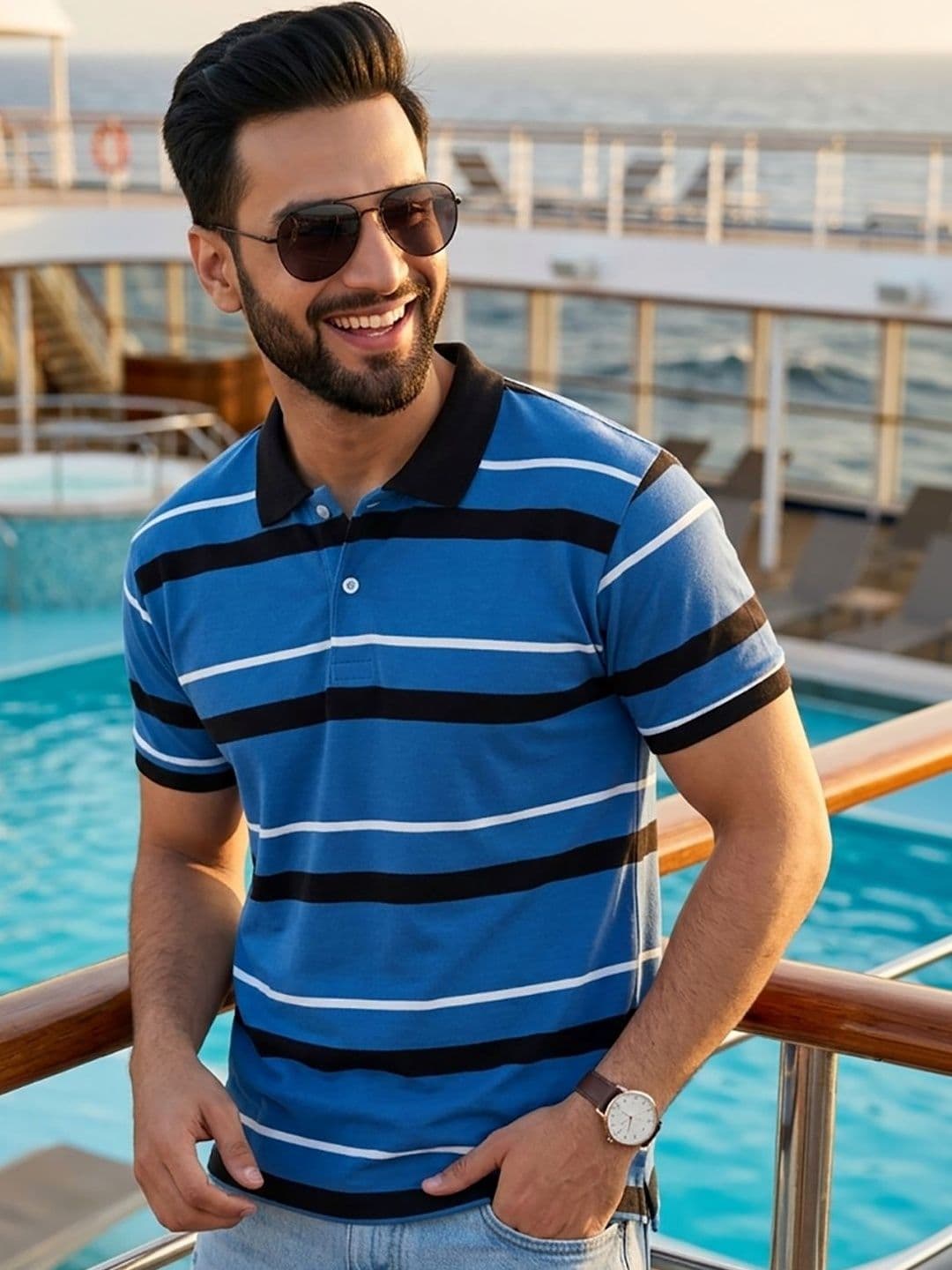 Mast & Harbour Men Striped Polo Collar T-shirt - view 1