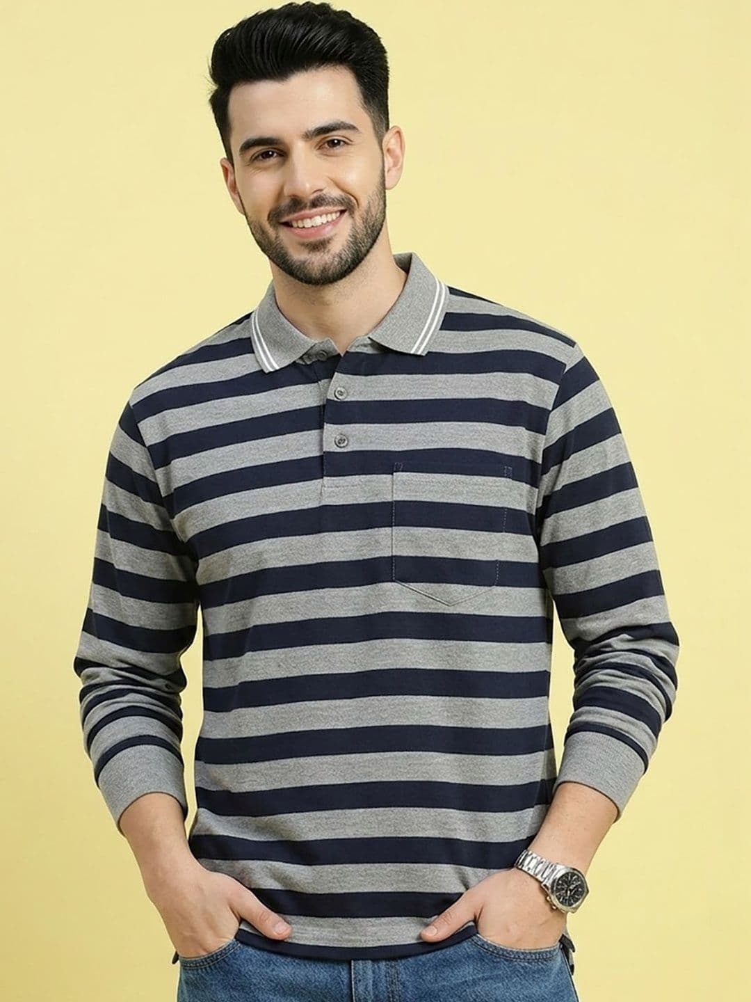 Mast & Harbour Men Striped Polo Collar Pockets T-shirt - view 1