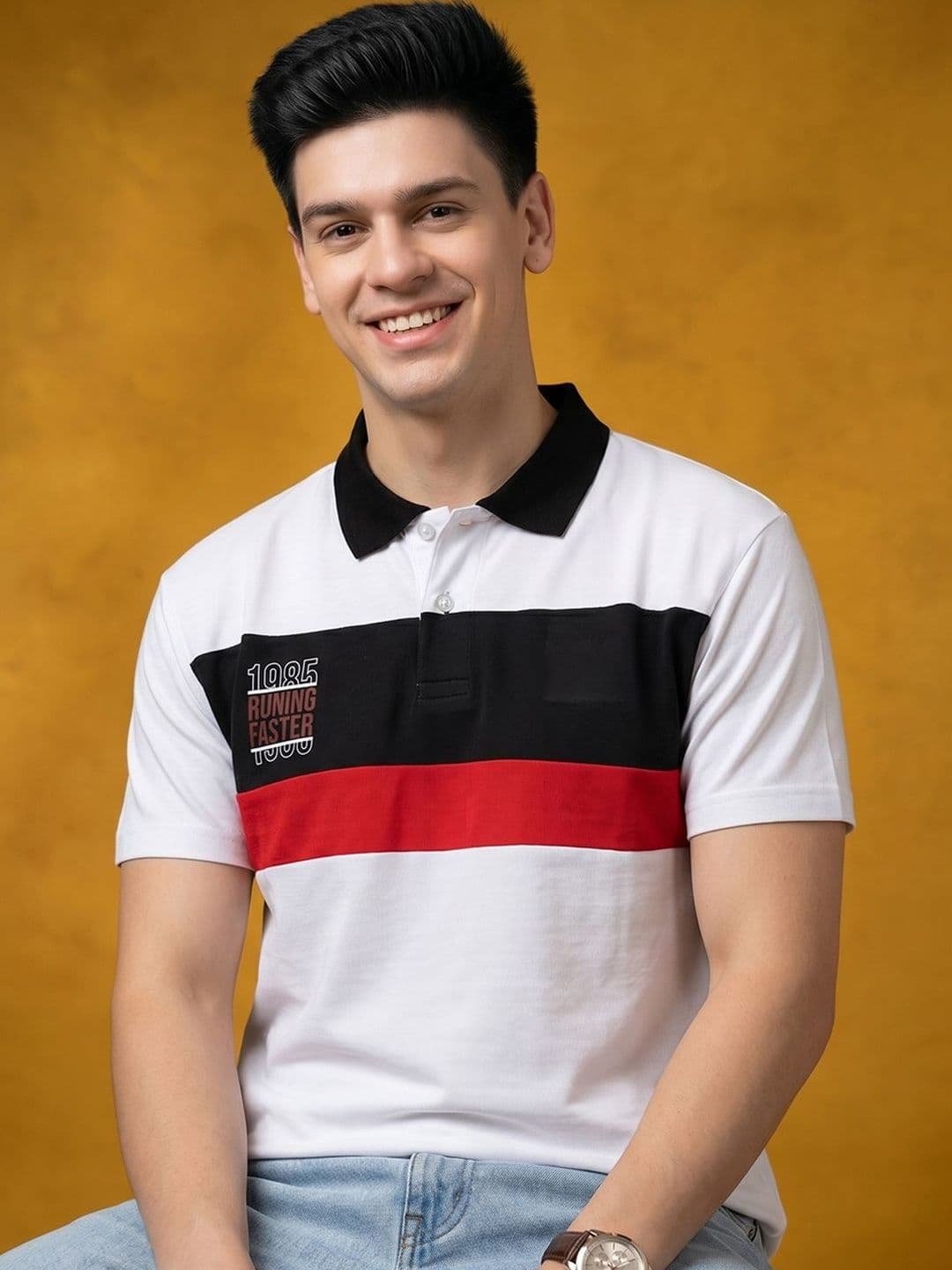 Mast & Harbour Men Typography Colourblocked Polo Collar Pockets T-shirt - view 1