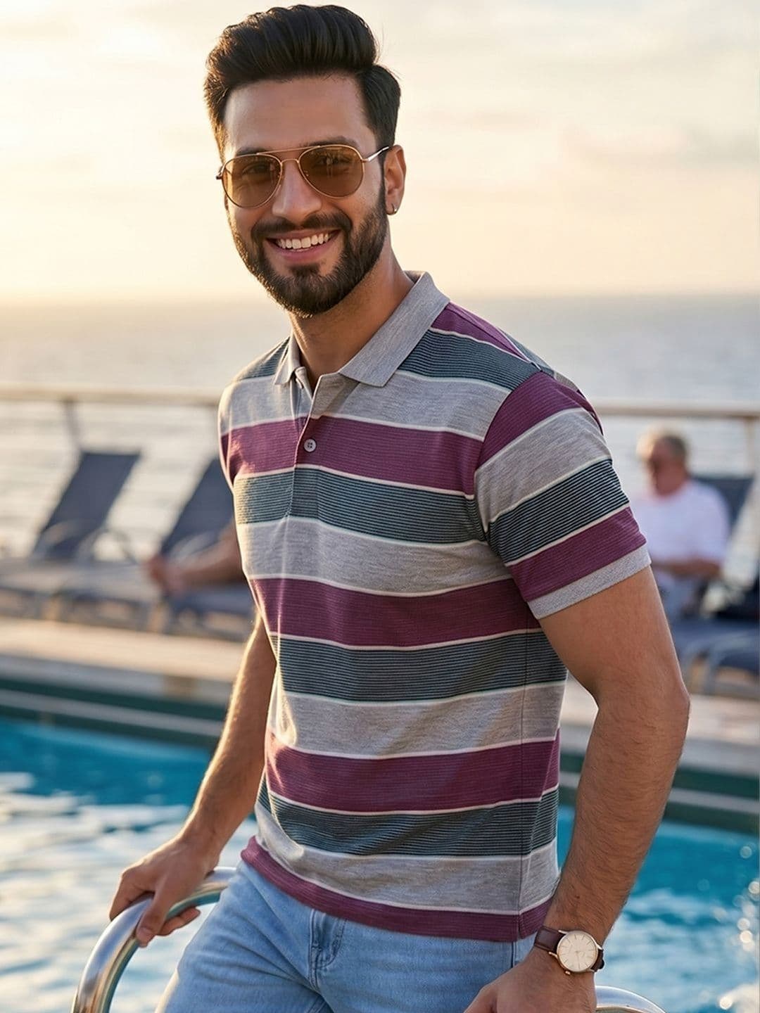 Mast & Harbour Men Striped Polo Collar T-shirt - view 1