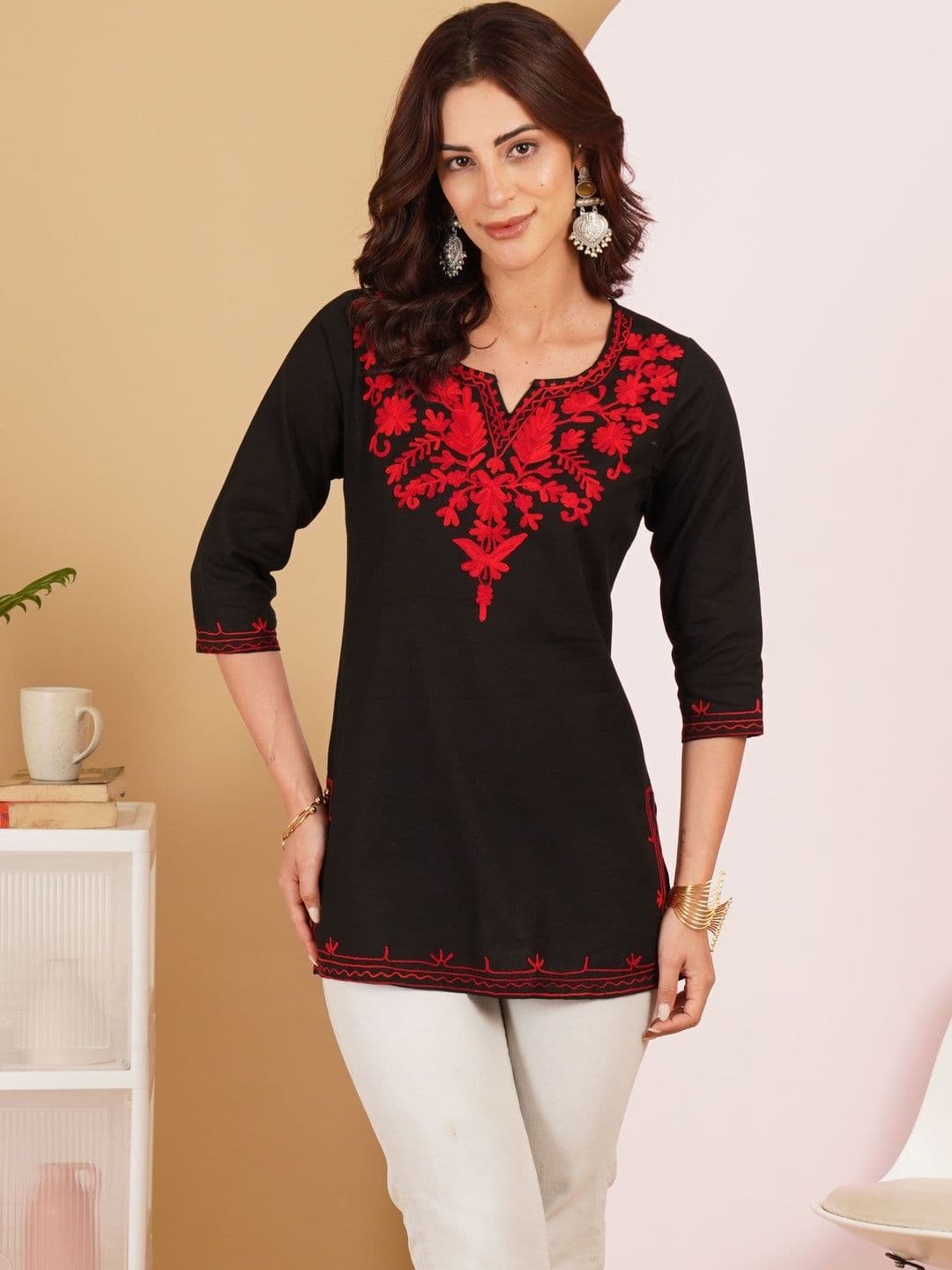 Sangria Embroidered V-Neck Thread Work Pure Cotton Blend Thread Work Kurti - view 1