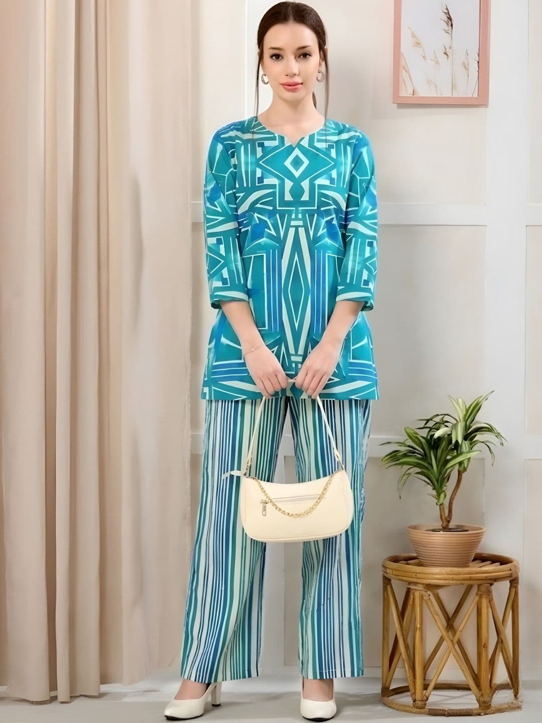 NIGHT FLOSS Cotton Printed Top with Palazzos - view 1