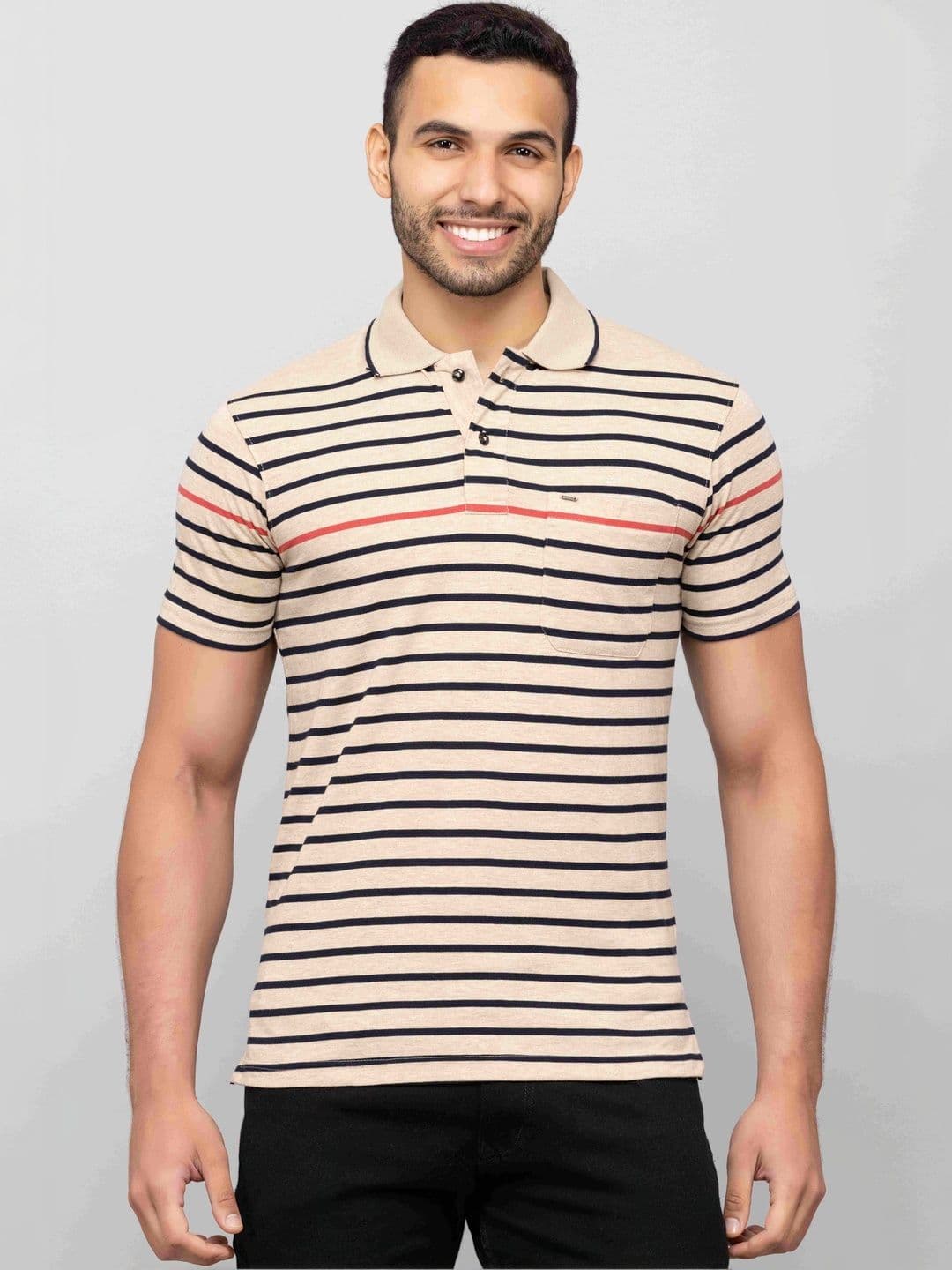 PRORIDERS Men Striped Polo Collar Pockets T-shirt - view 1