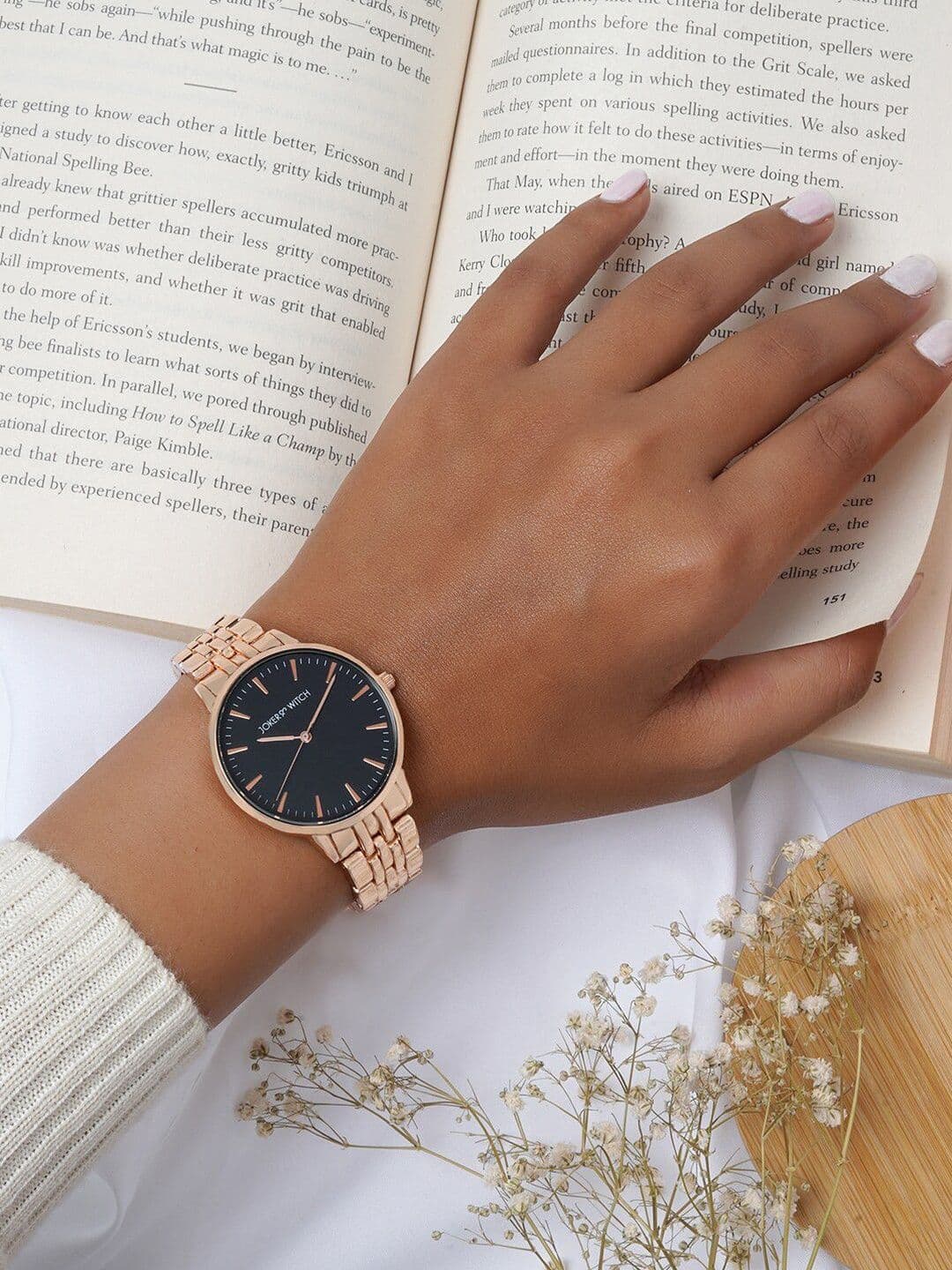 JOKER & WITCH Women Black Embellished Dial & Rose Gold Toned Straps Analogue Watch - view 1