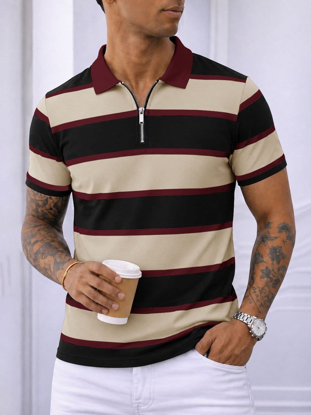 Eyebogler Men Striped Polo Collar T-shirt - view 1